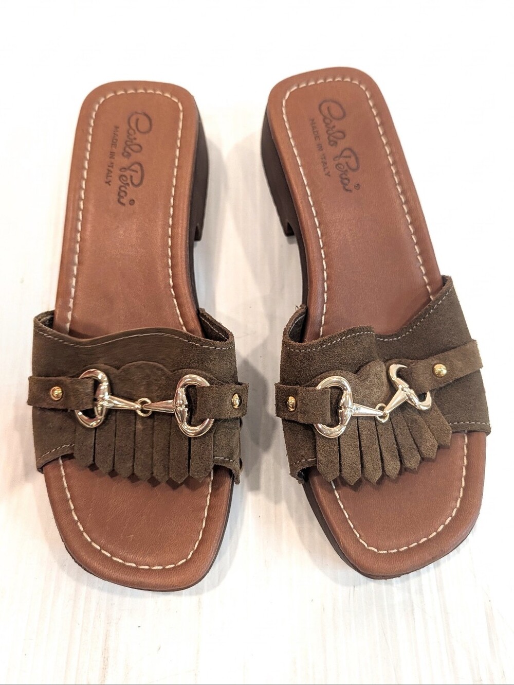 CARLO PERA Olive Suede Fringe Slide Platform Sandals Made In Italy Size 8